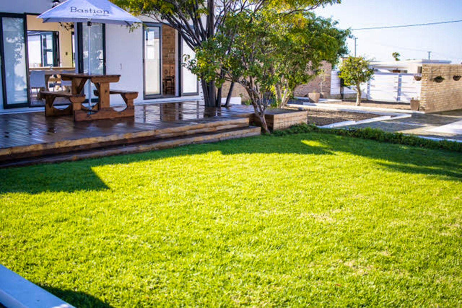 Garden lawn and timber deck